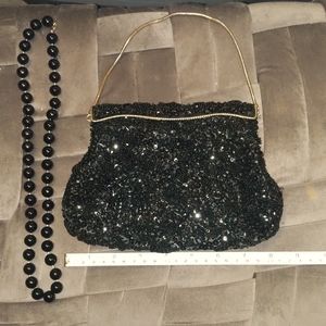 Vintage black and gold beaded purse with free necklace